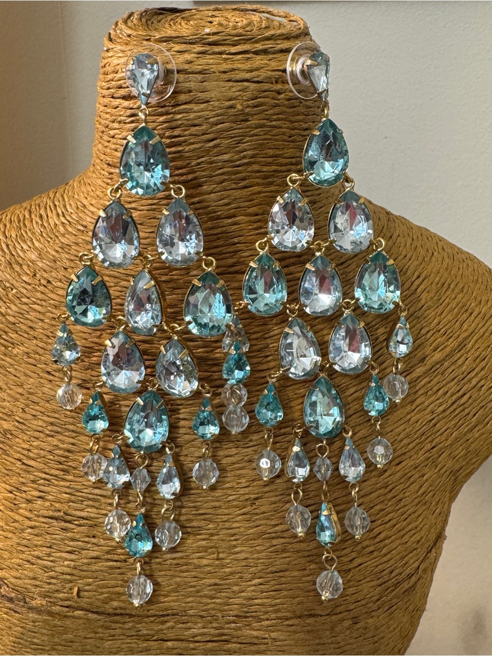 Gold-Tone Aqua Crystal Chandelier Earrings - Brand Unspecified